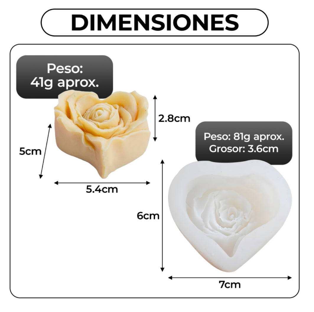 MOLDE SILICONA PARA VELA FLOR ROSA CON FORMA DE CORAZÓN