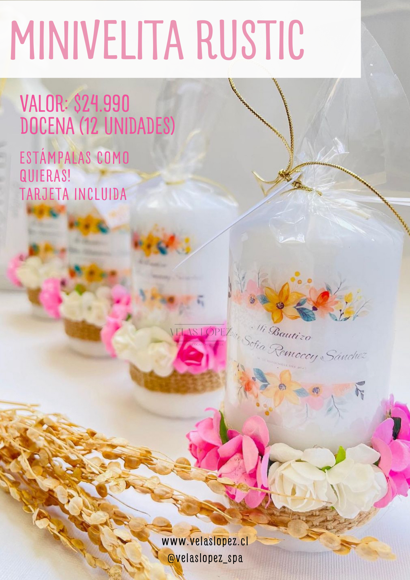 Mini vela estampada Bautizo, Babyshower, Primera comunion Rustic personalizada