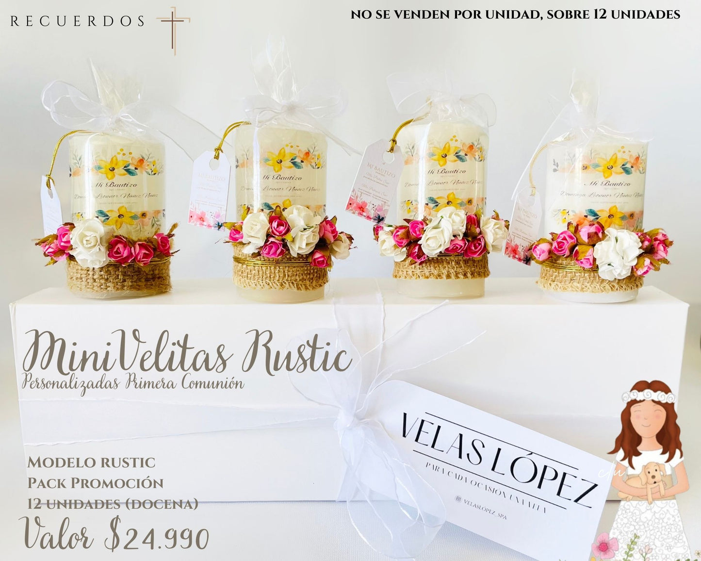 Pack 12 Mini Velitas Rustic Primera Comunión