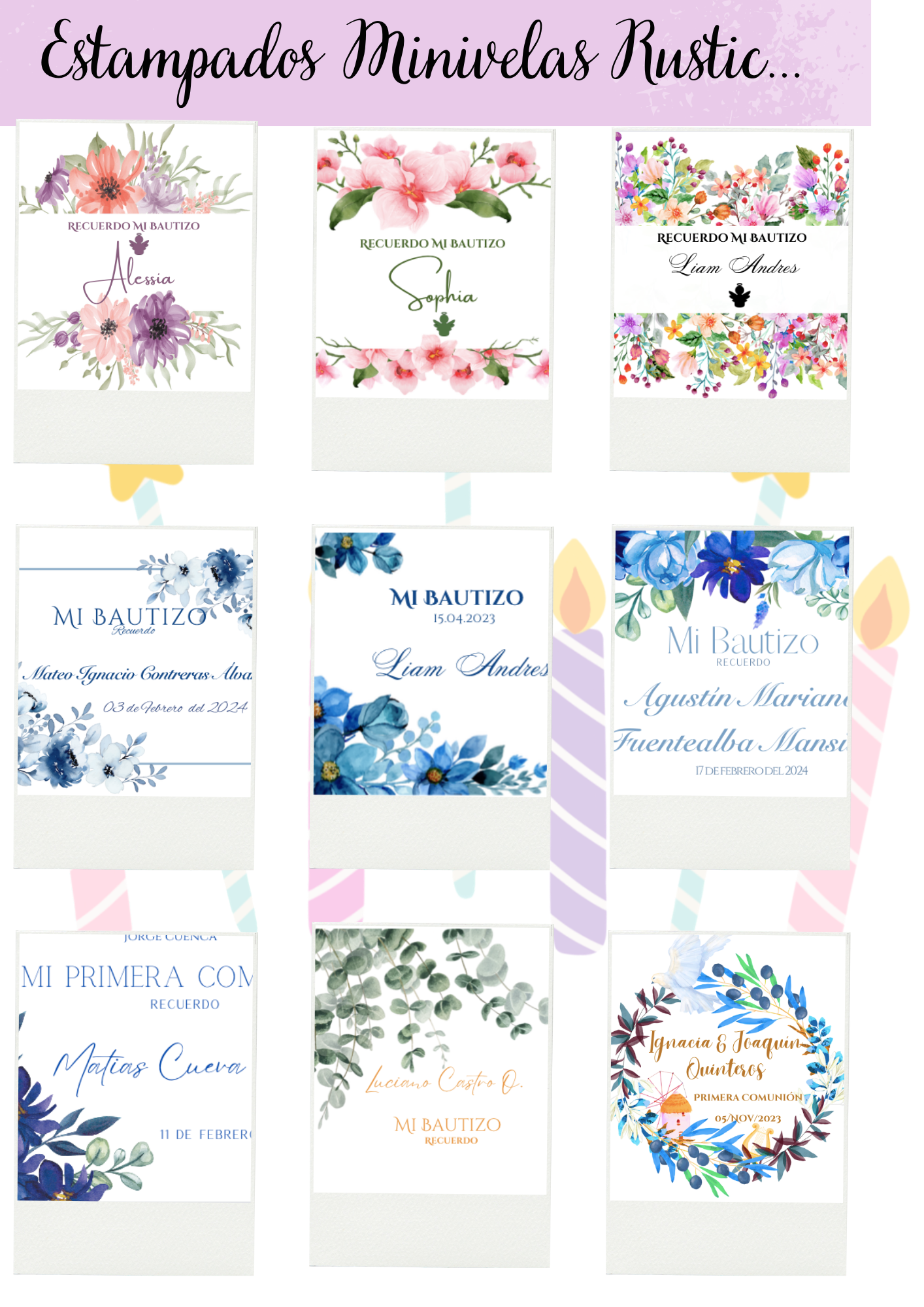 Mini vela estampada Bautizo, Babyshower, Primera comunion Rustic personalizada
