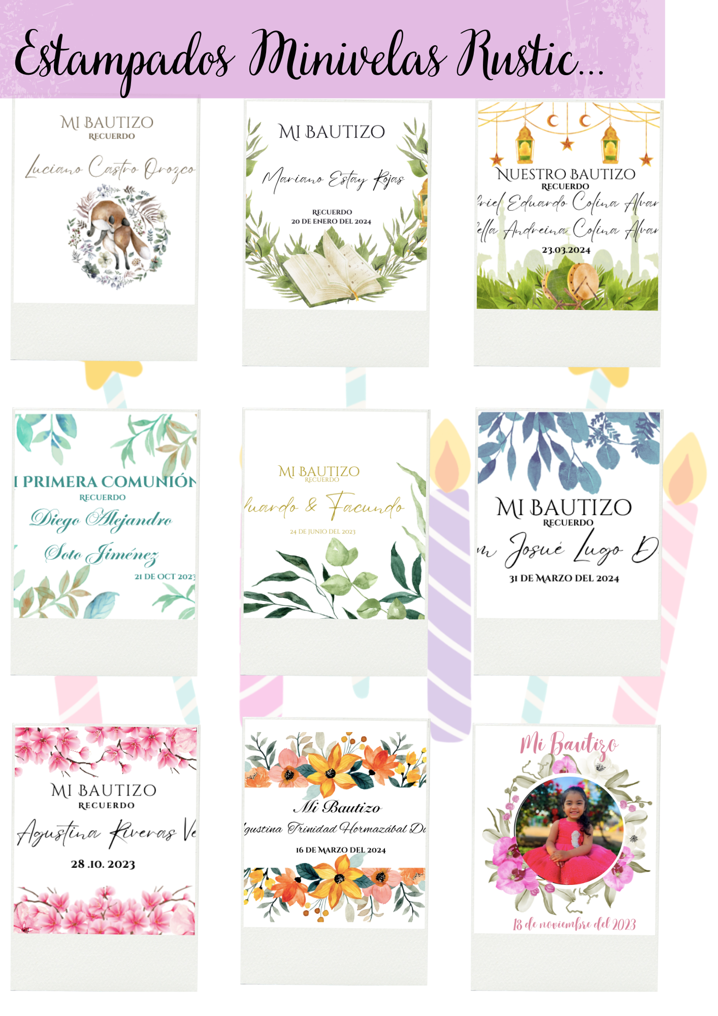 Mini vela estampada Bautizo, Babyshower, Primera comunion Rustic personalizada