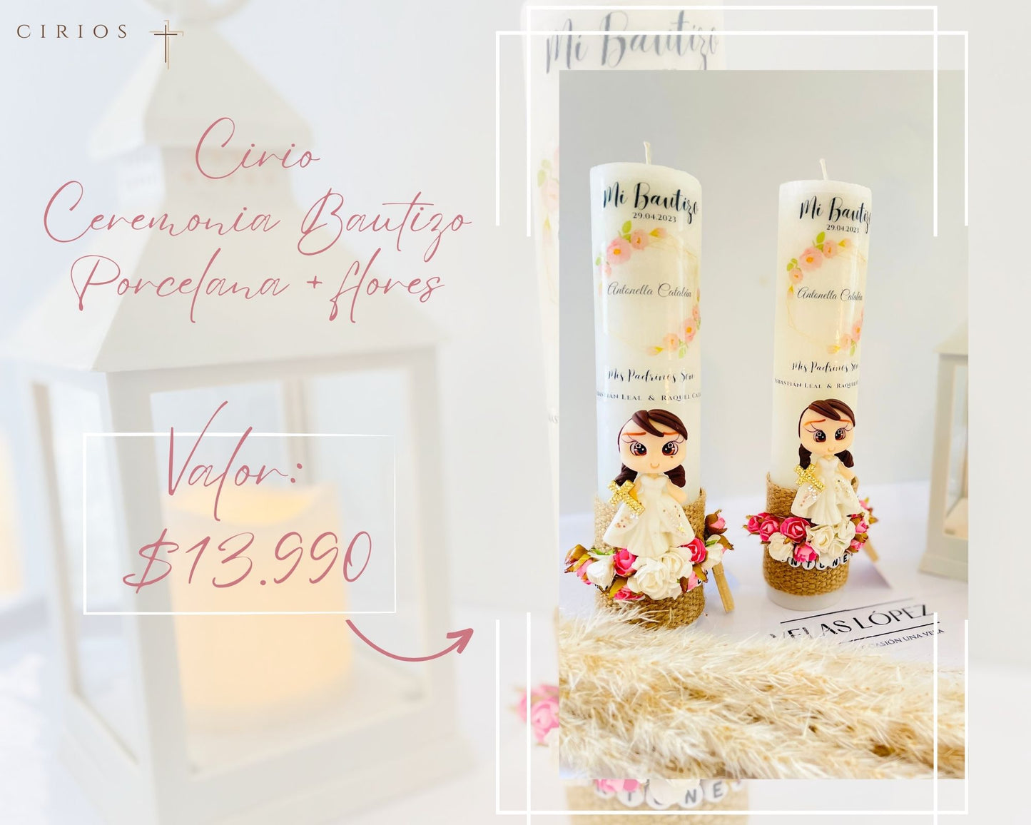 Cirio Ceremonia Bautizo porcelana + flores