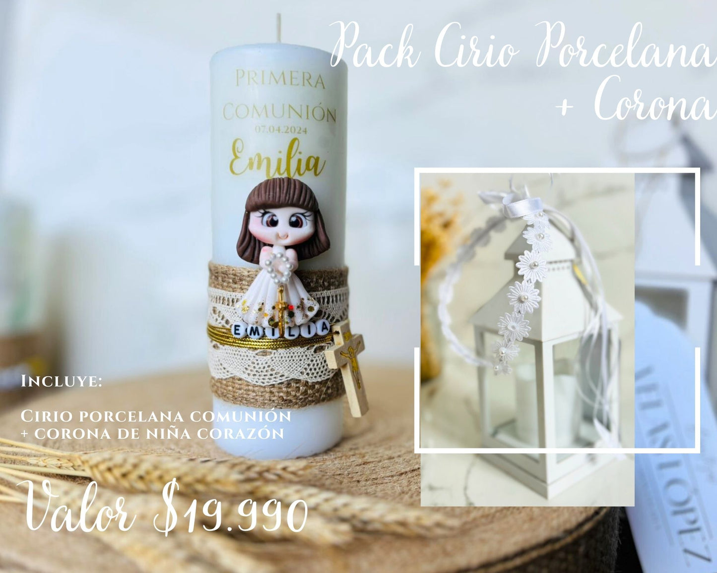 Pack cirio porcelana Primera Comunión + Corona Niña