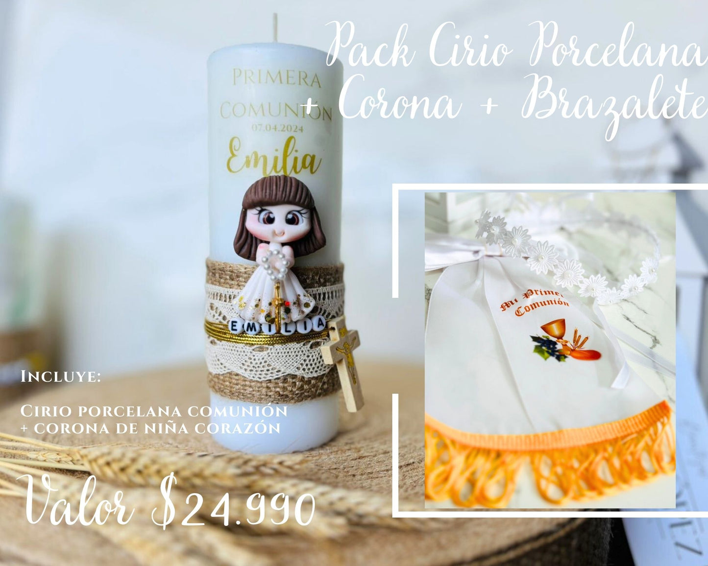 Pack cirio porcelana Primera Comunión + Corona Niña + Brazalete