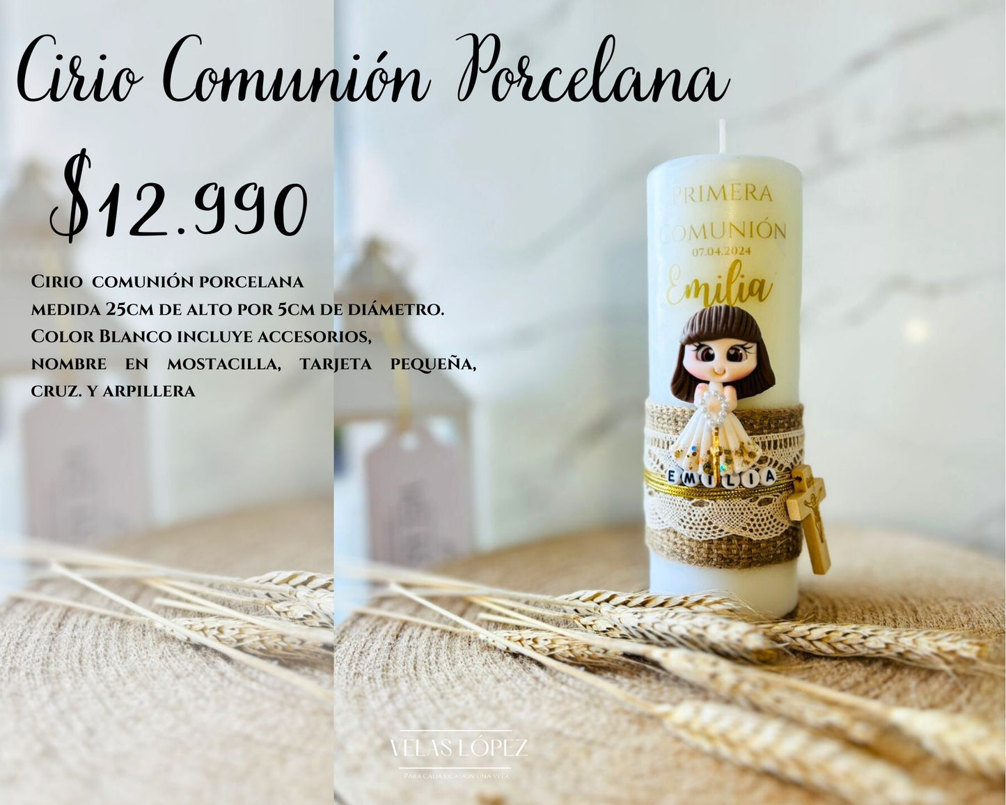 Pack cirio porcelana Primera Comunión + Corona Niña + Brazalete