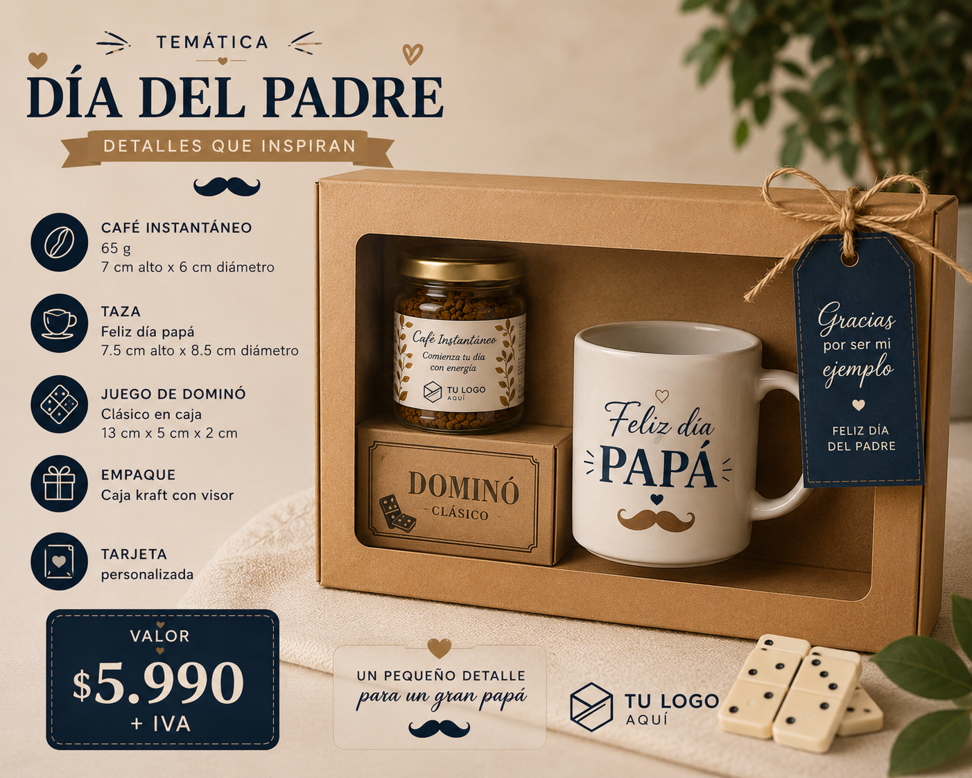 Box taza feliz día papá + domino + mix frutos secos