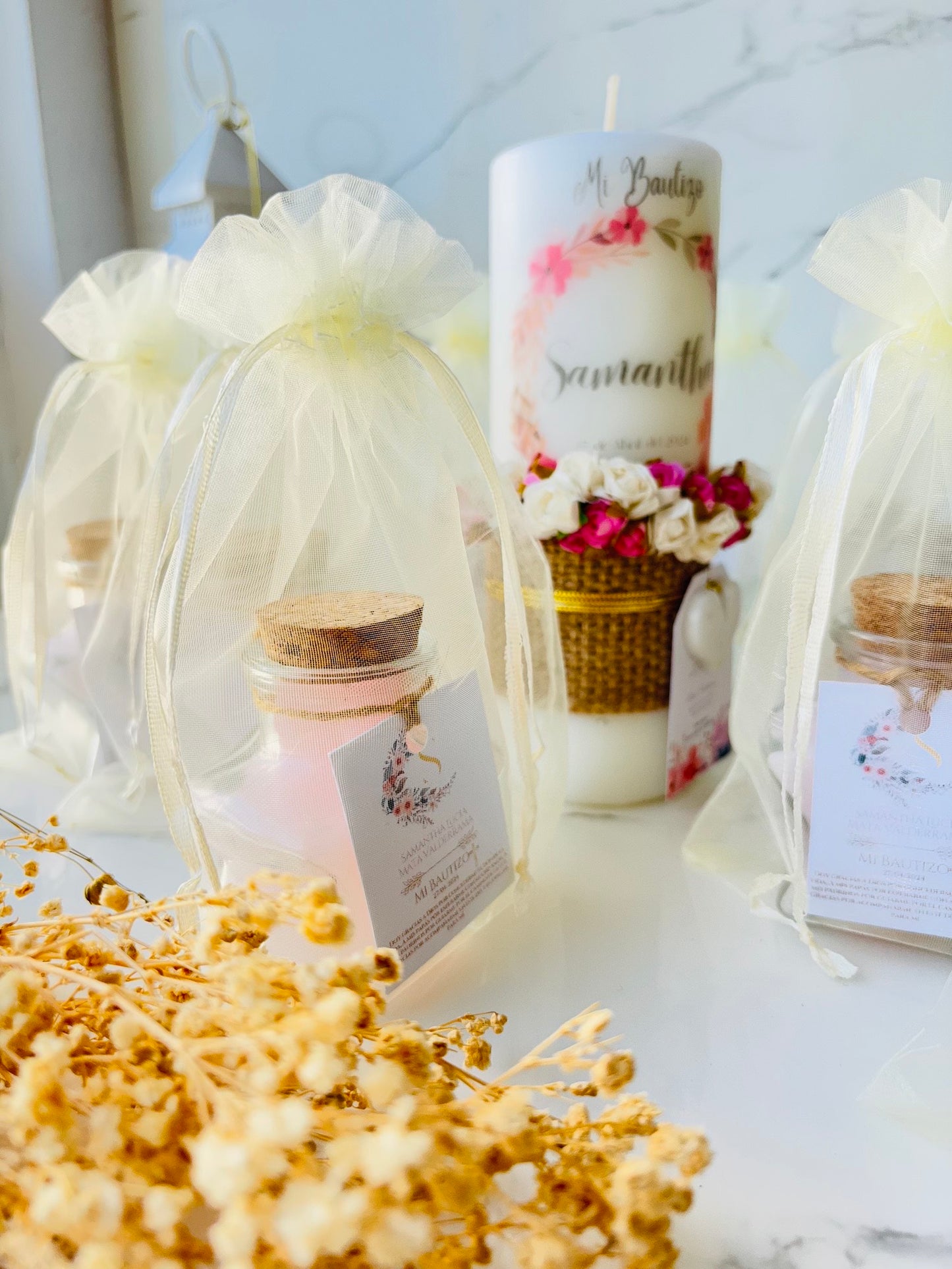 Pack Bautizo 1 cirio + souvenir 12 unidades