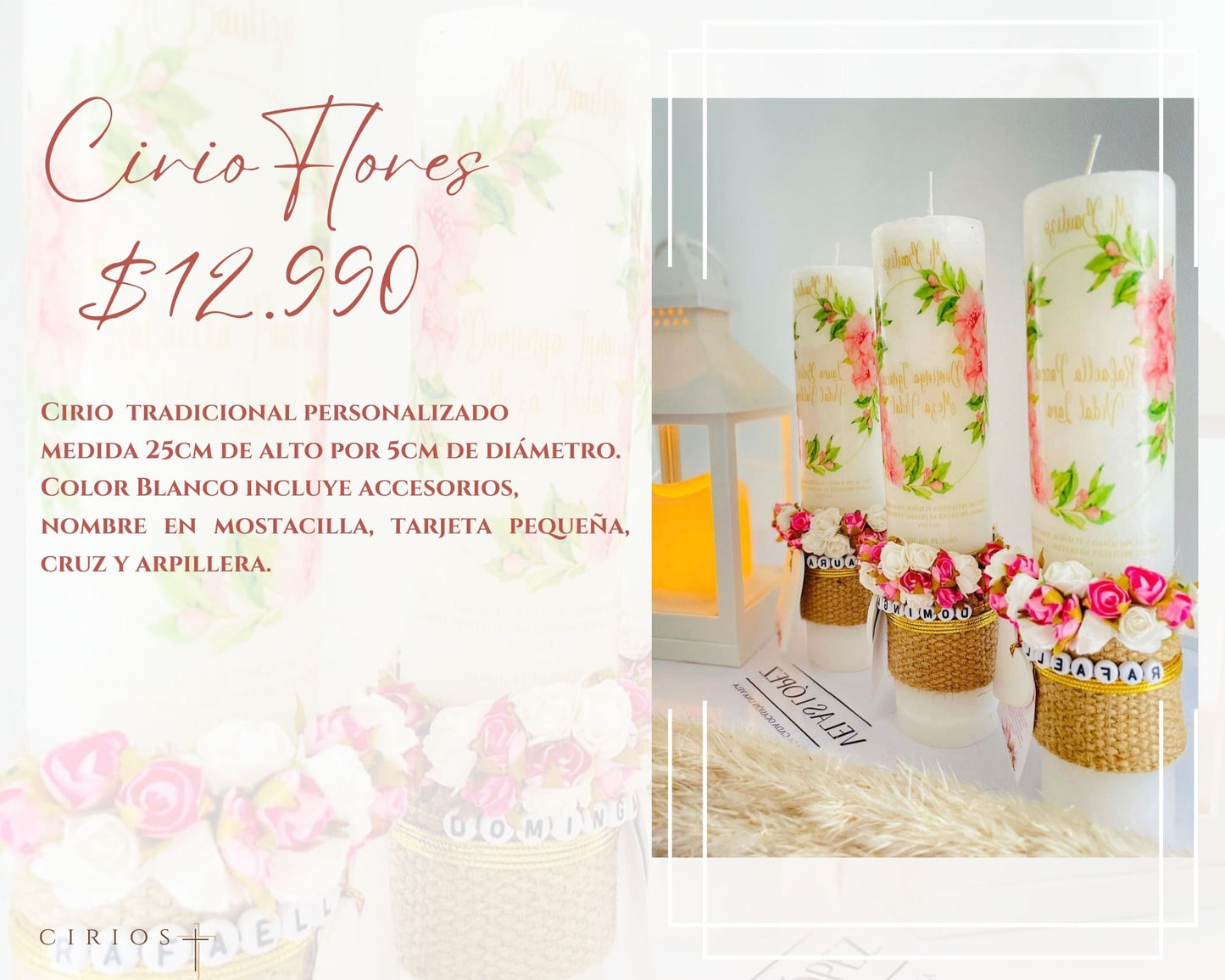 Cirio Ceremonia Bautizo flores personalizado
