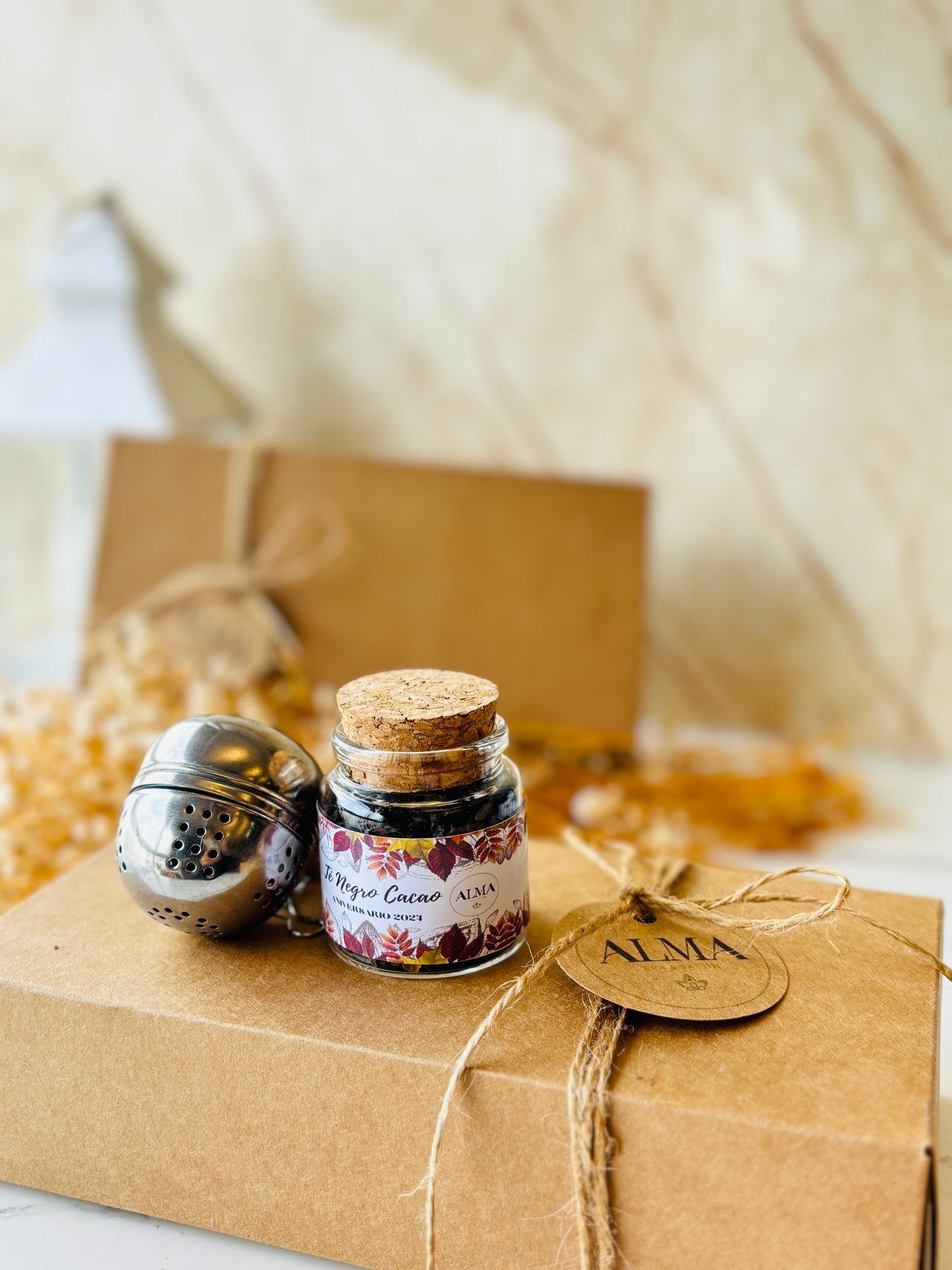 Set té personalizado + infusor + bolsa de organza
