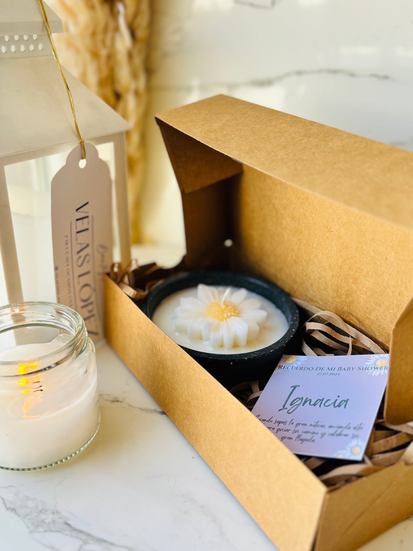 Box baby shower vela margarita + empaque Kraft + 2 tarjetas