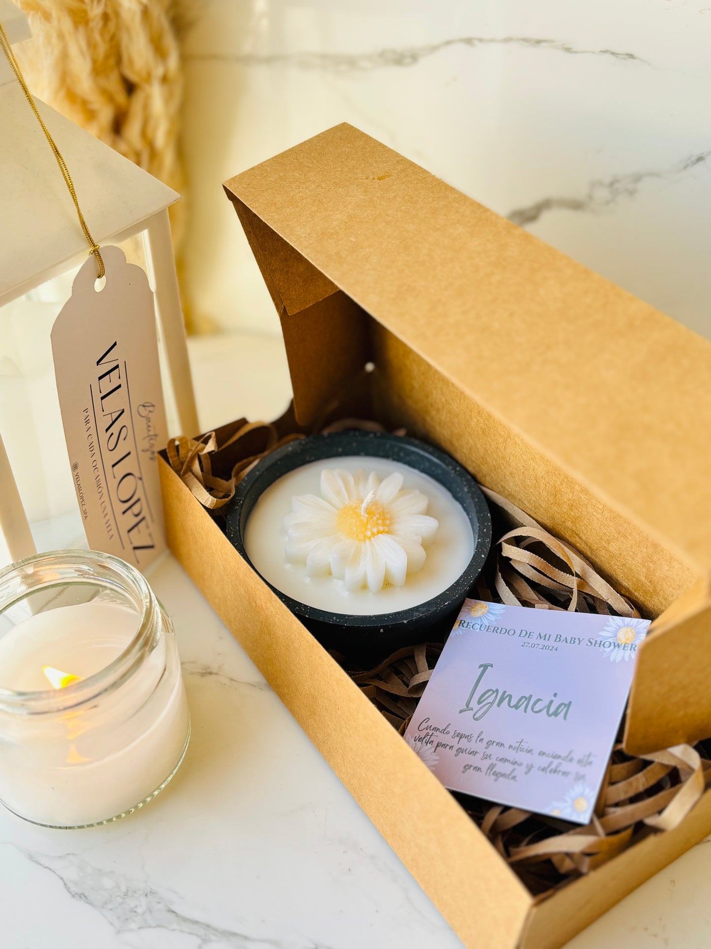 Box baby shower vela margarita + empaque Kraft + 2 tarjetas