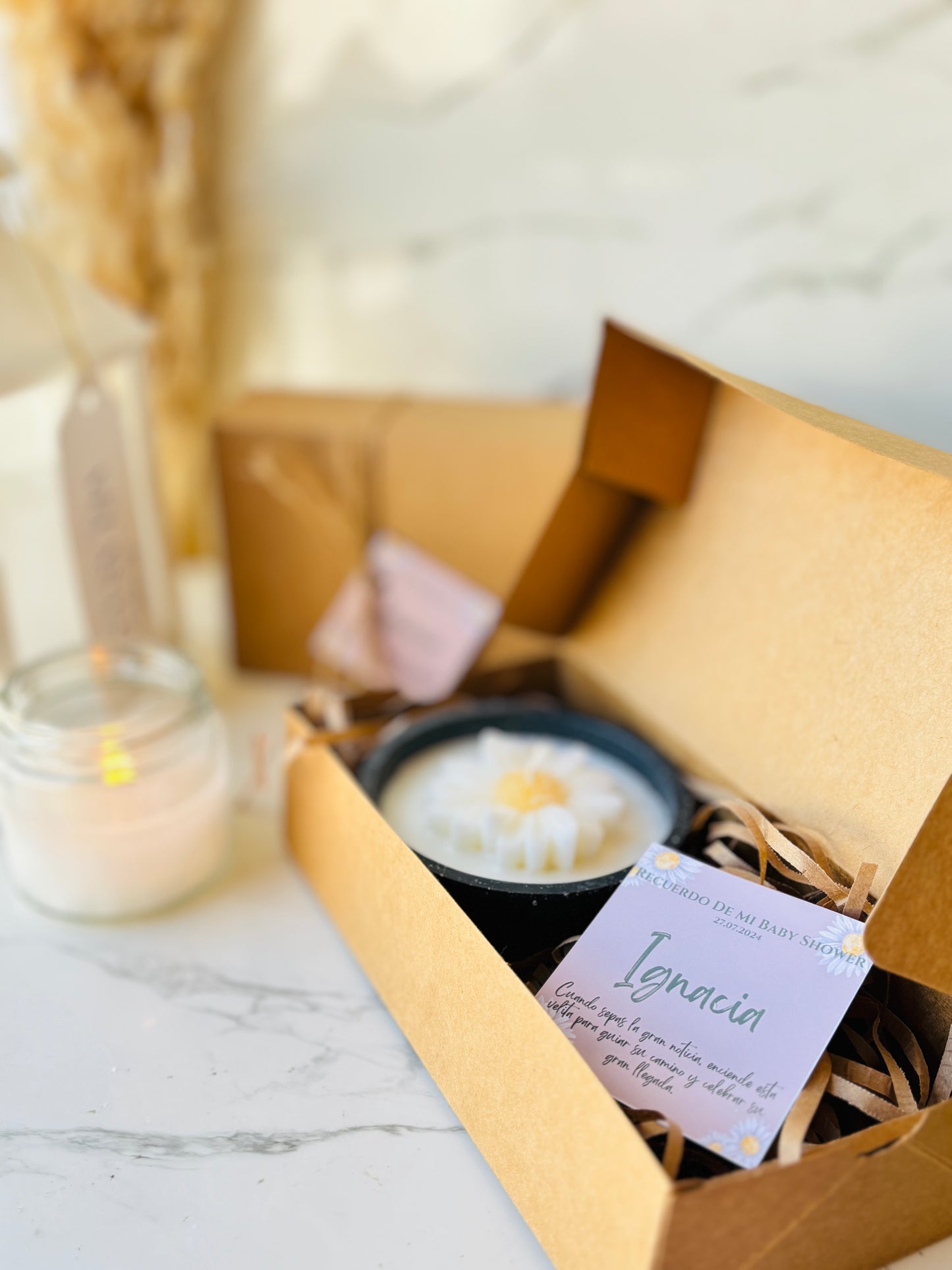 Box baby shower vela margarita + empaque Kraft + 2 tarjetas
