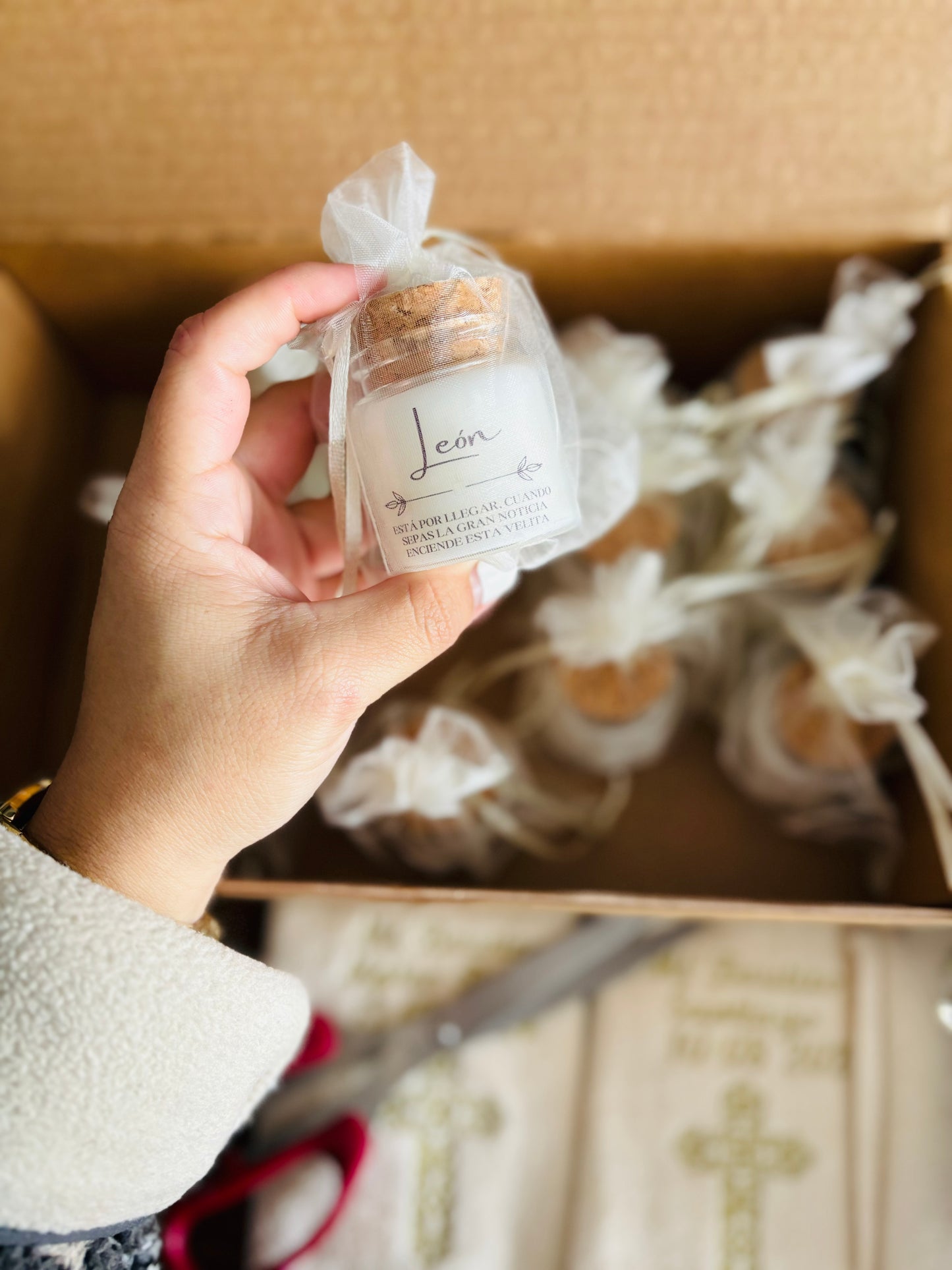 Vela soja 50 gramos + bolsa de organza baby shower
