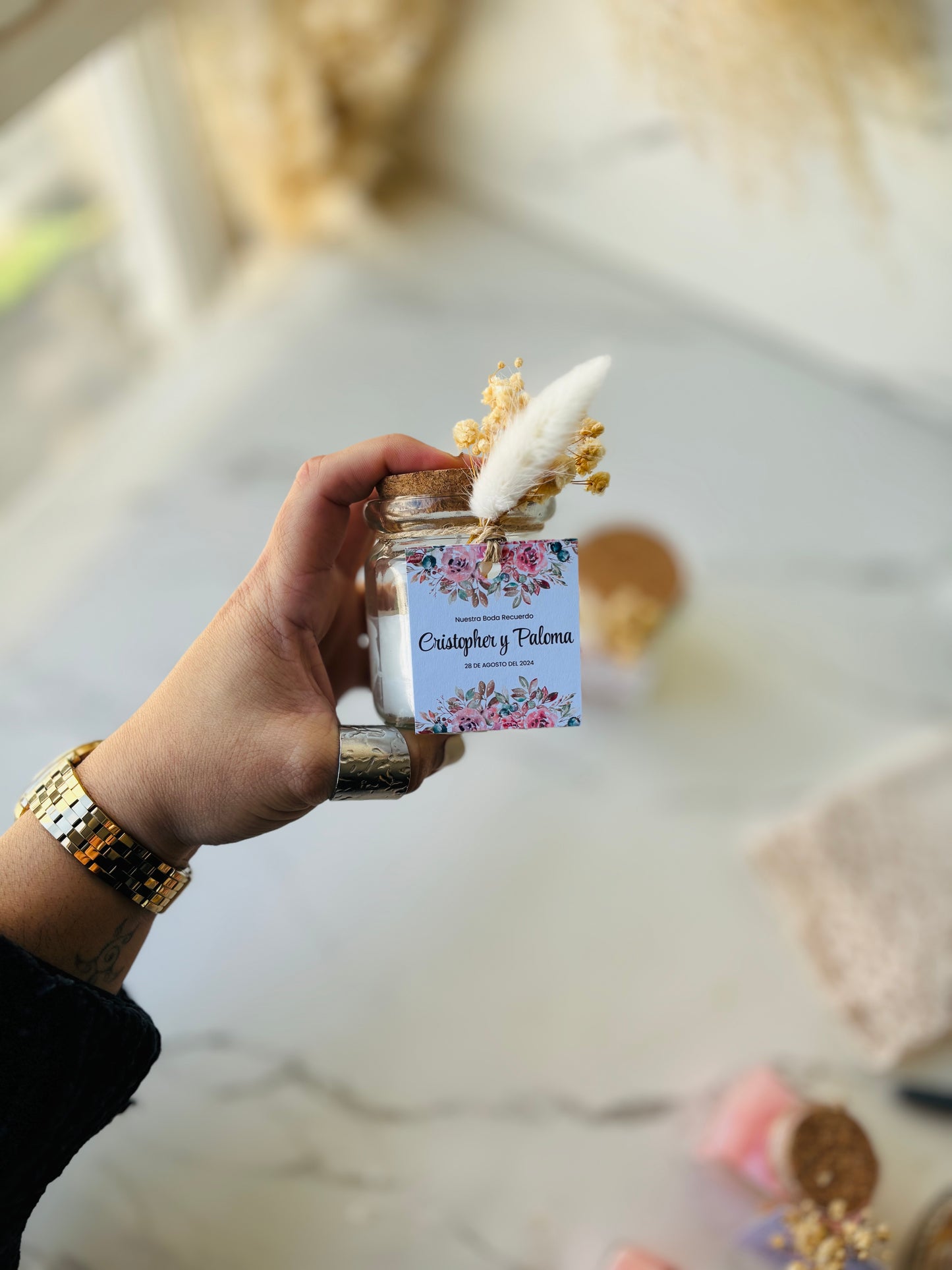 Vela souvenir matrimonio 150 gramos + tarjeta + decoración con flores