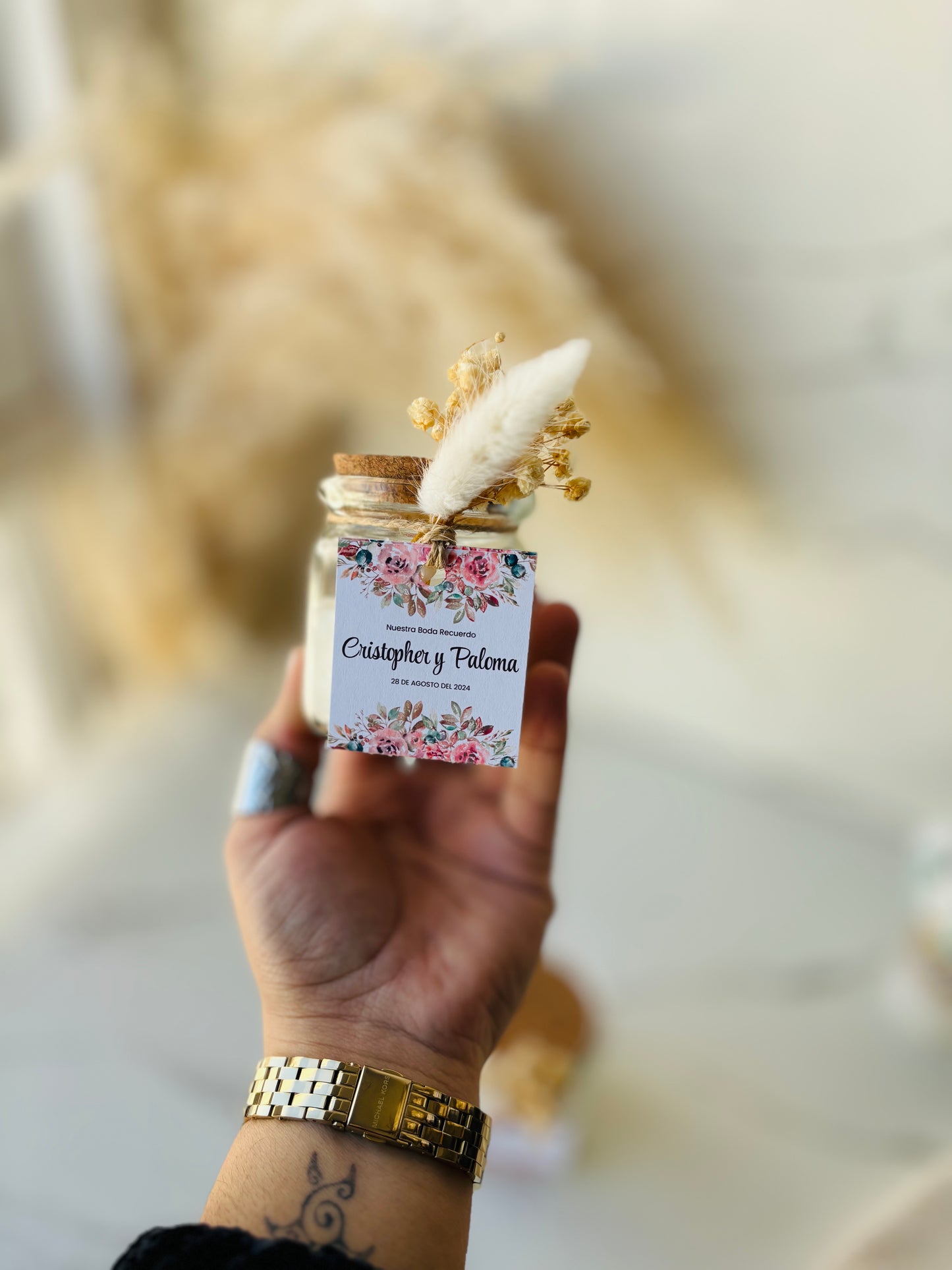 Vela souvenir matrimonio 150 gramos + tarjeta + decoración con flores