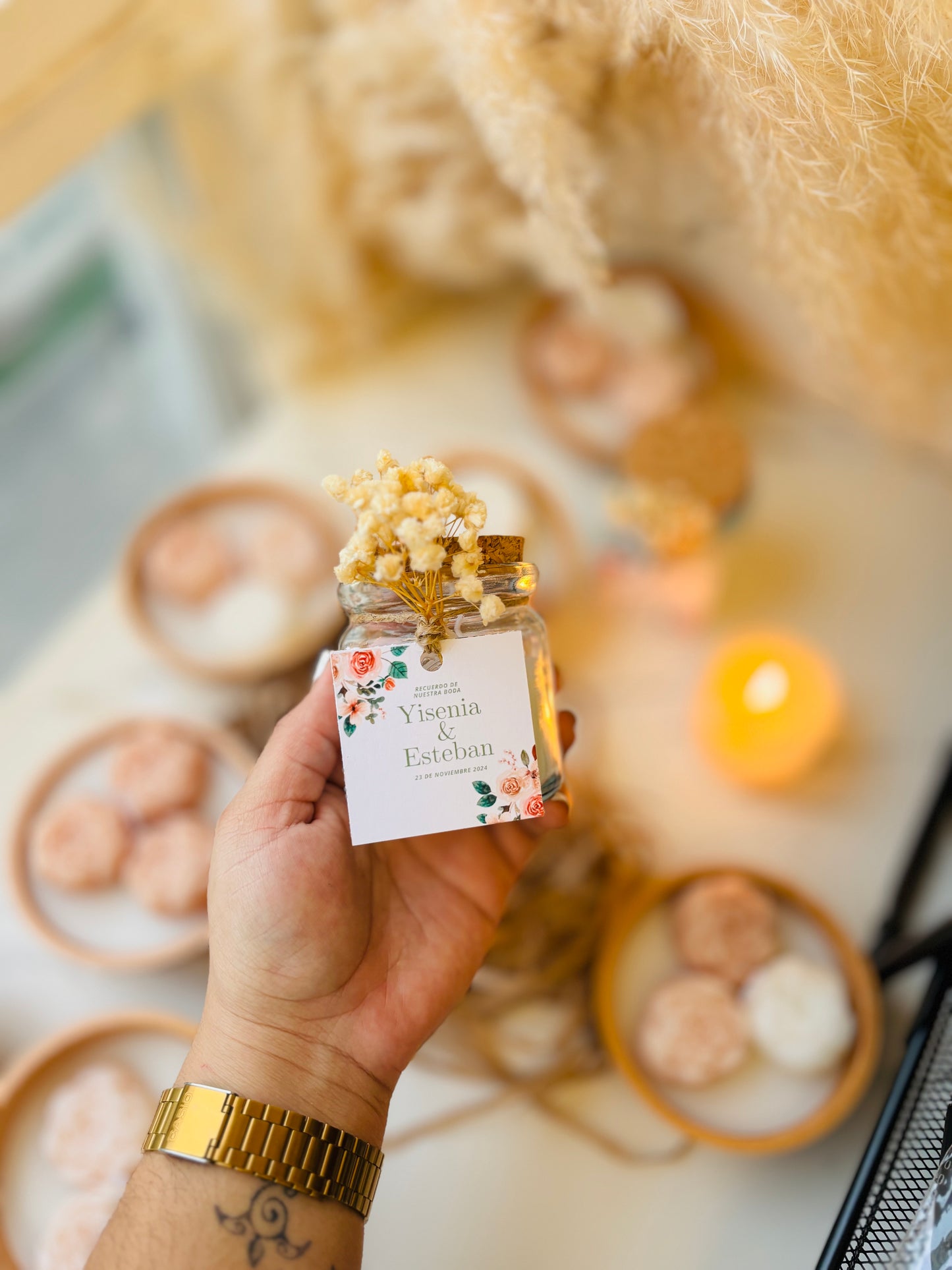 Vela souvenir matrimonio 150 gramos + tarjeta + decoración con flores