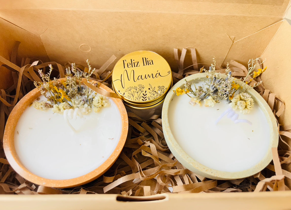 BOX CUENCO VELA CERA DE COCO FLORES MIX + MINIVELITA FELIZ DIA MAMÁ
