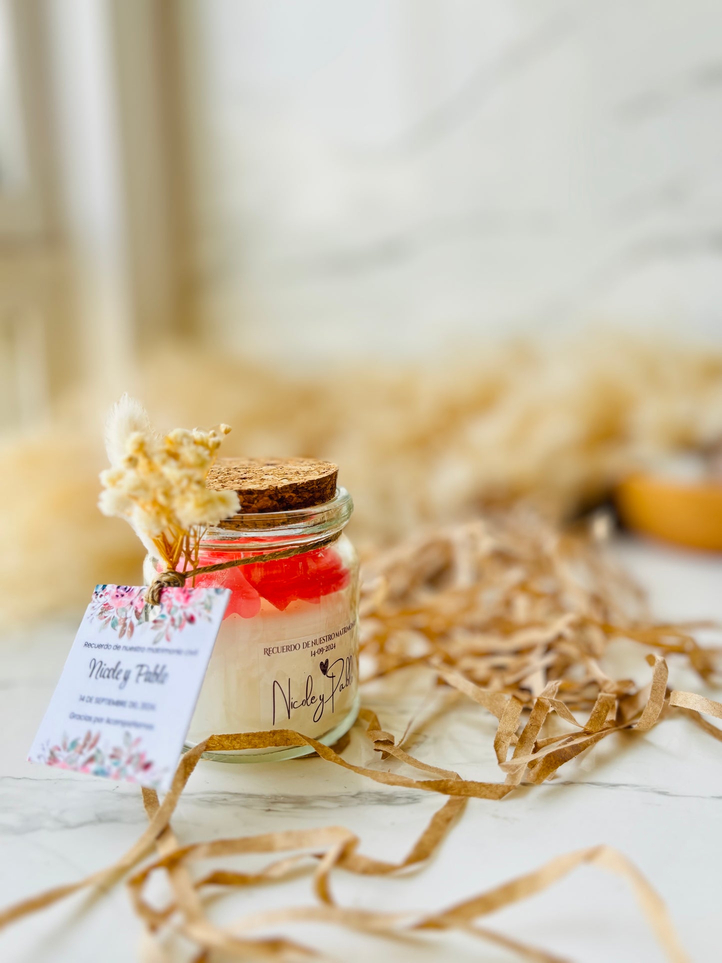 Vela souvenir 150 gramos + corazones matrimonio