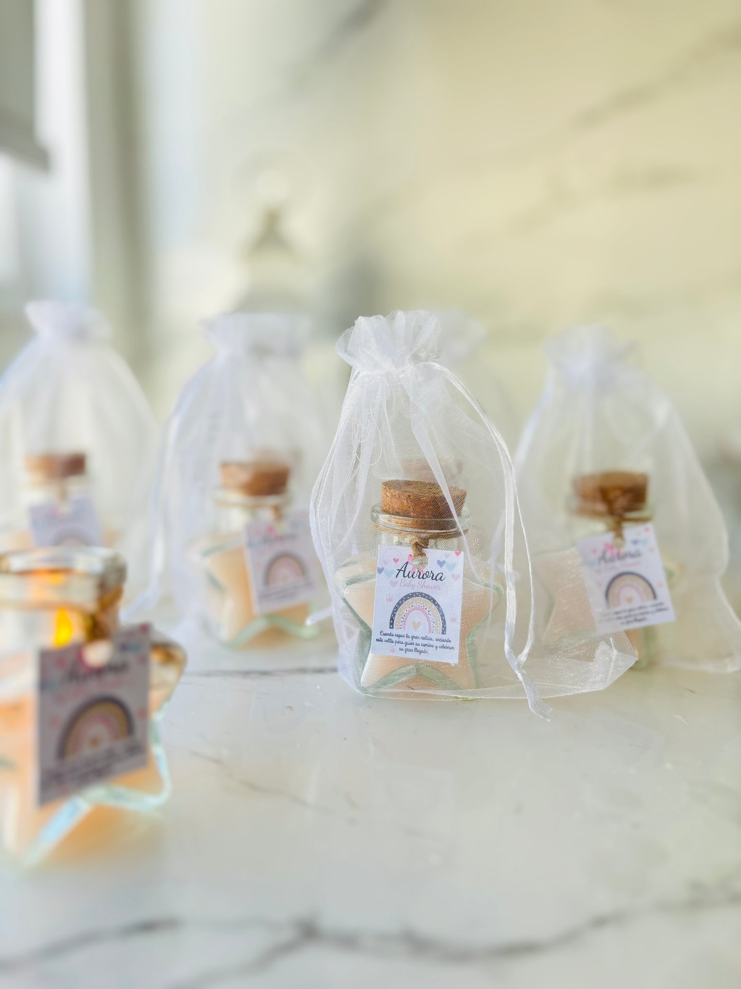 Vela estrella baby shower + tarjeta personalizada + bolsa organza