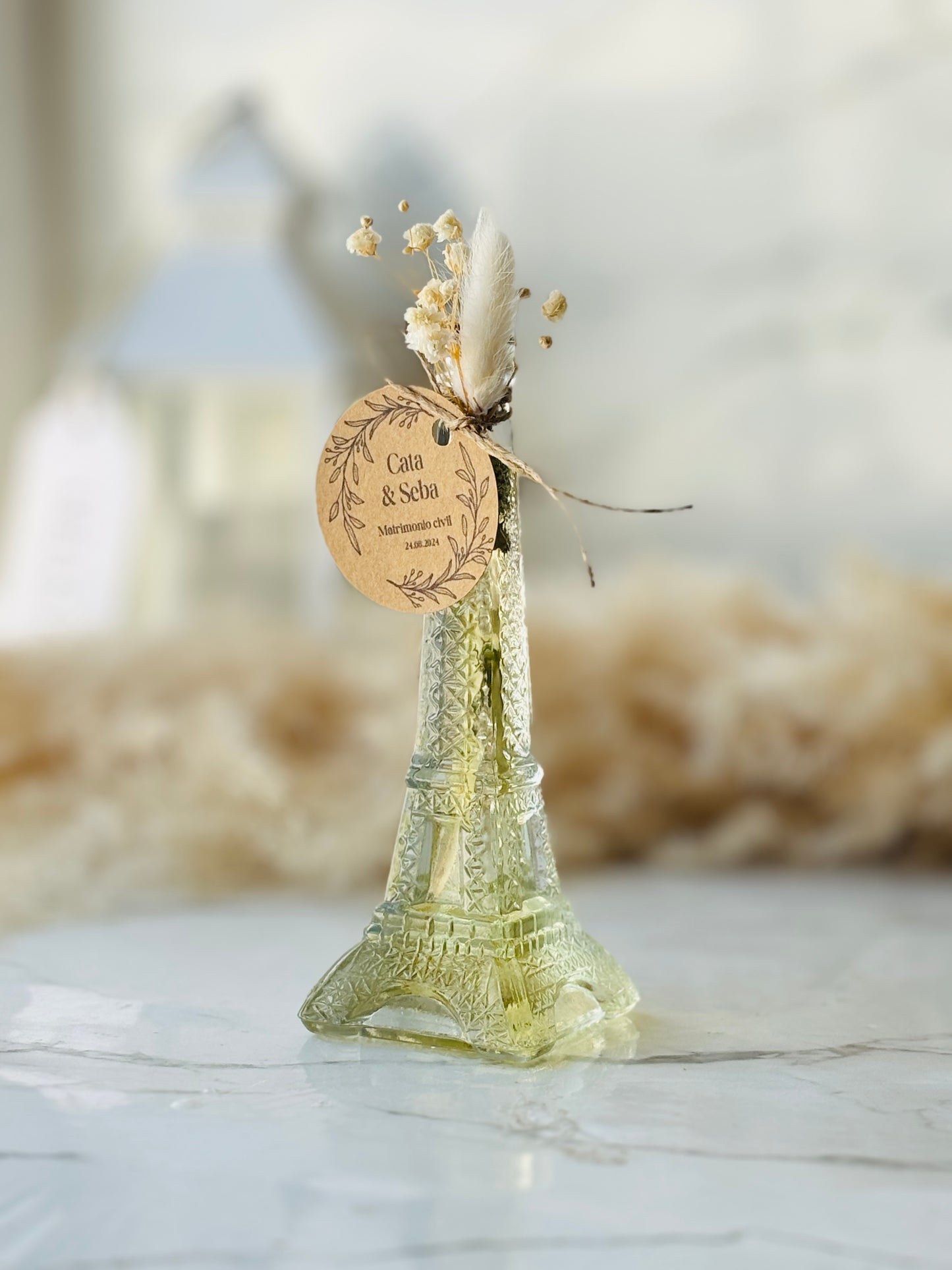 Botella vidrio aceite oliva + romero souvenir matrimonio personalizado