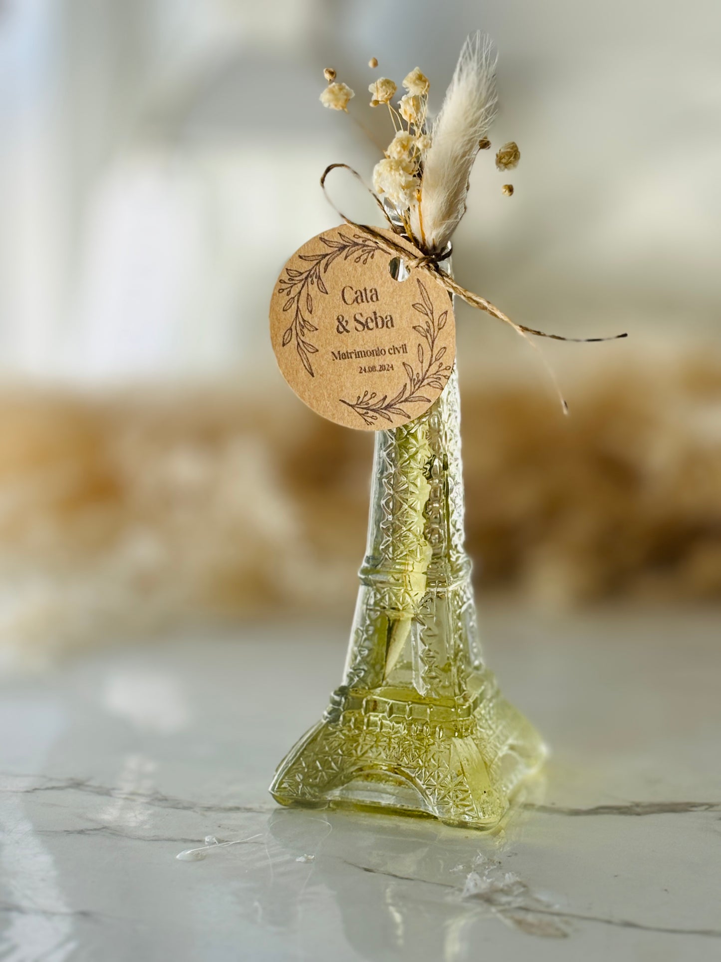 Botella vidrio aceite oliva + romero souvenir matrimonio personalizado