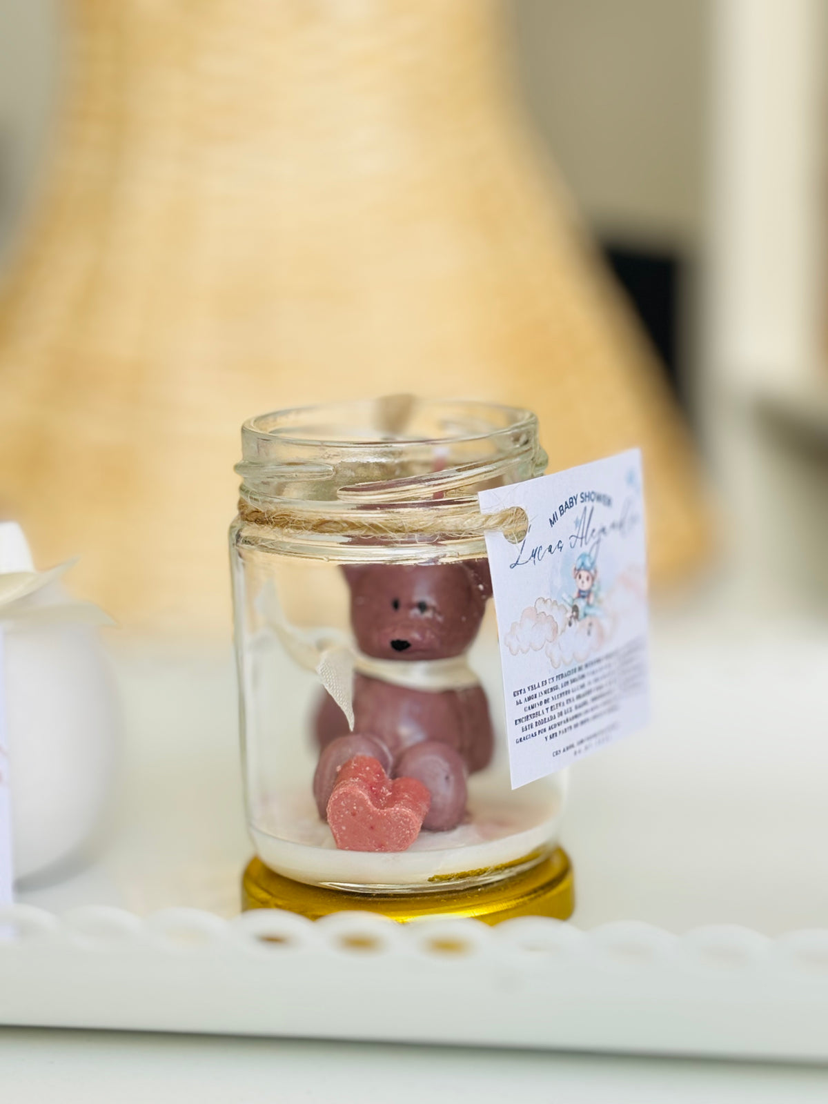 12 VELITAS AROMATICAS OSO CON BUFANDA EN FRASCO 100 ml + TARJETA PERSONALIZADA + CORAZÓN