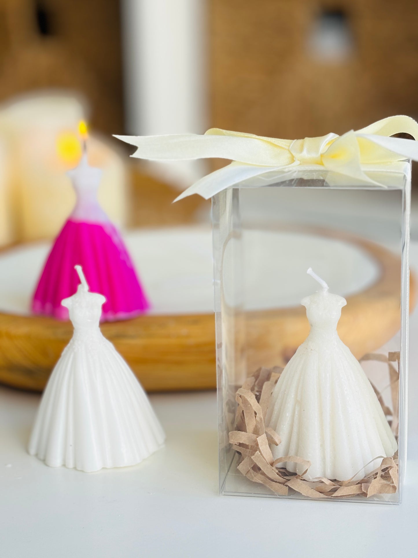 Vela vestido + caja acetato + tarjeta personalizada
