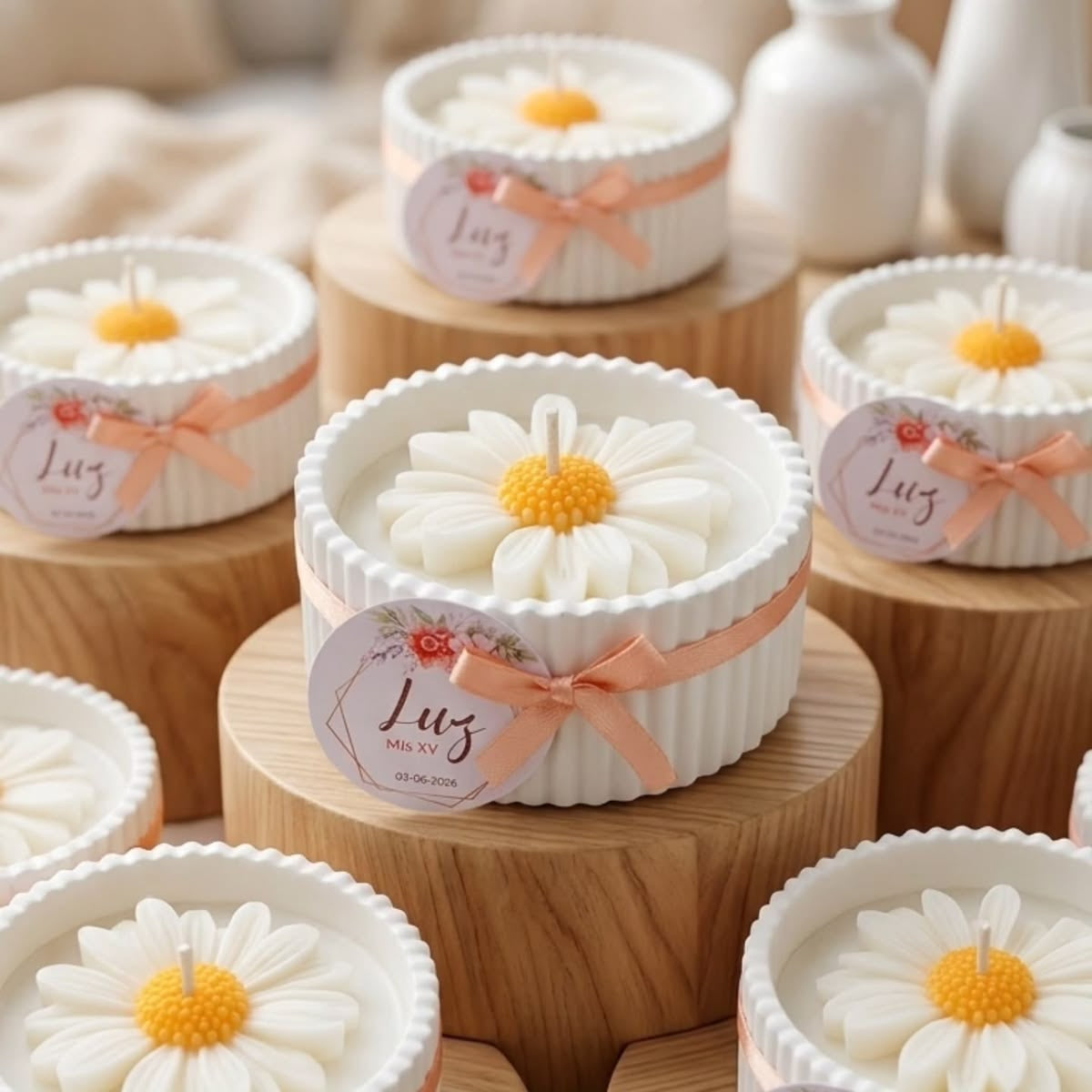 12 VELITAS AROMÁTICAS MARGARITAS EN MACETA RANURADA + TARJETA PERSONALIZDA