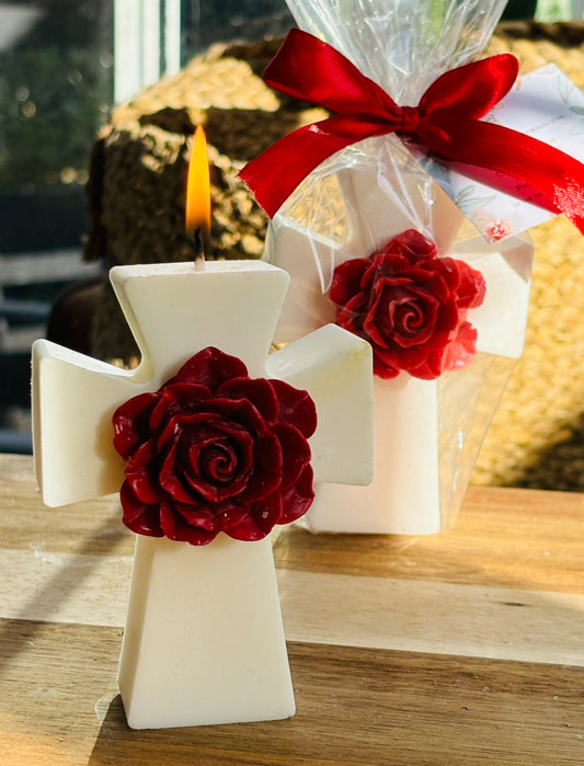 Vela cruz + flor + lazo y tarjeta personalizada