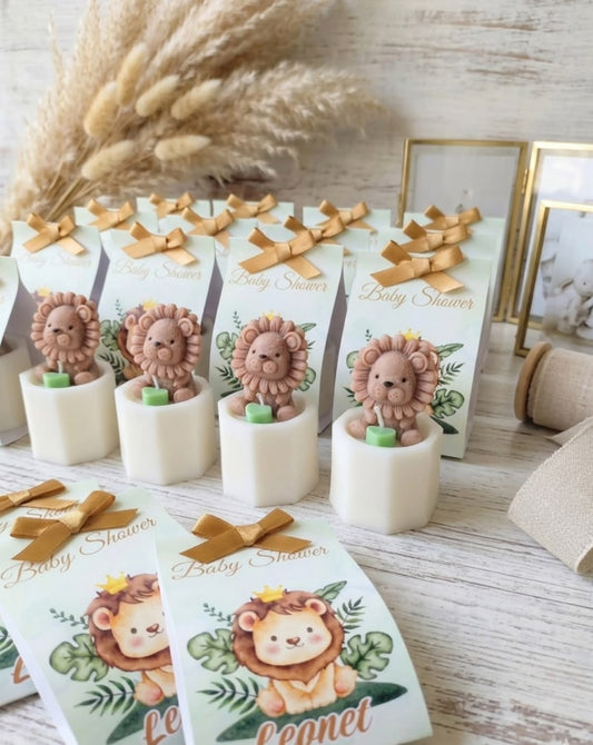 12 VELITAS AROMÁTICAS LEÓN EN MACETA DE VELA Y CORAZÓN + EMPAQUE PERSONALIZADO BABY SHOWER