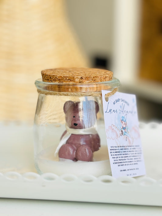 PACK 12 VELAS OSITOS CON BUFANDA +TARJETA PERSONALIZADA + BOLSA DE ORGANZA + LAZO YUTE + AROMA