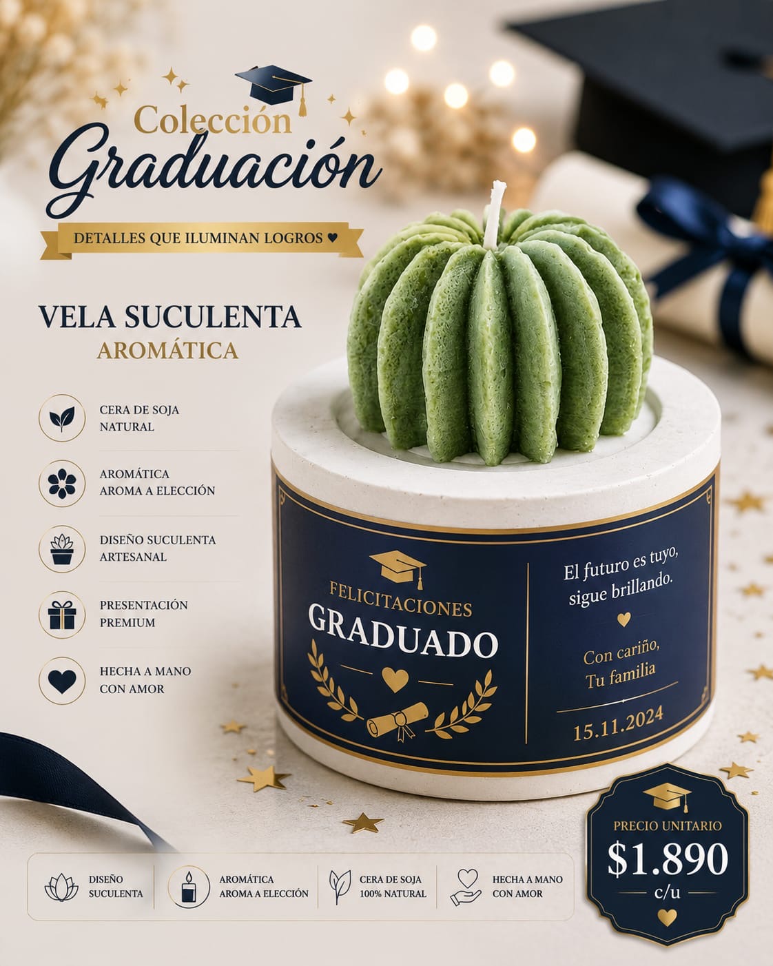 VELA AROMÁTICA SUCULENTA + ETIQUETA PERSONALIZADA