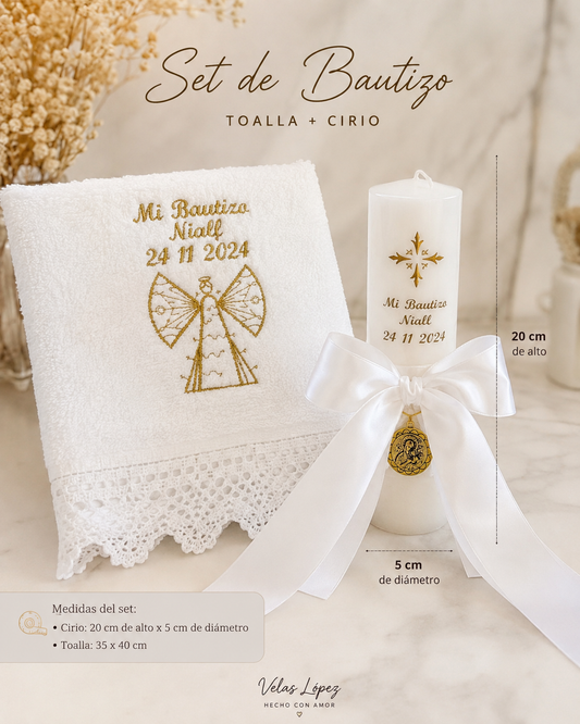 SET BAUTIZO CIRIO LAZO SEDA MEDALLA + TOALLA BORDADA